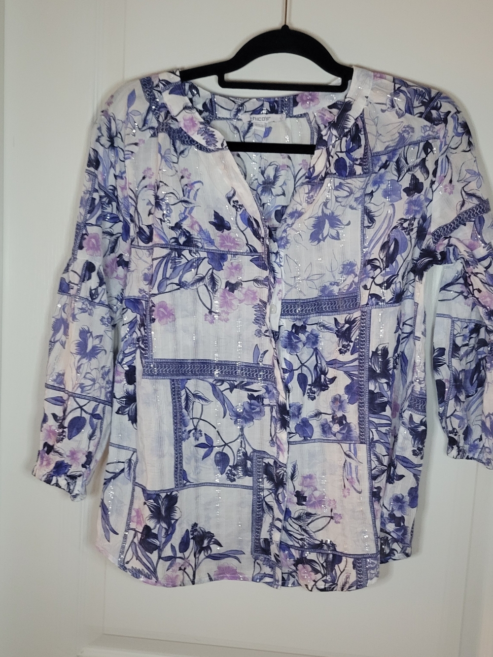 Chico's Cotton Printed Billow Sleeve Patchwork Blouse - Amparo Blue Size 1 Med